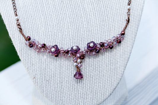 Czech glass | Swarovski Pearl Floral Necklace and Earring Set in Antique Copper