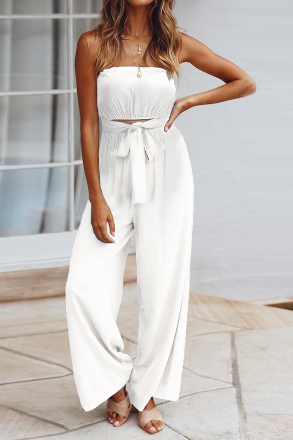 Tied Cutout Tube Wide Leg Jumpsuit