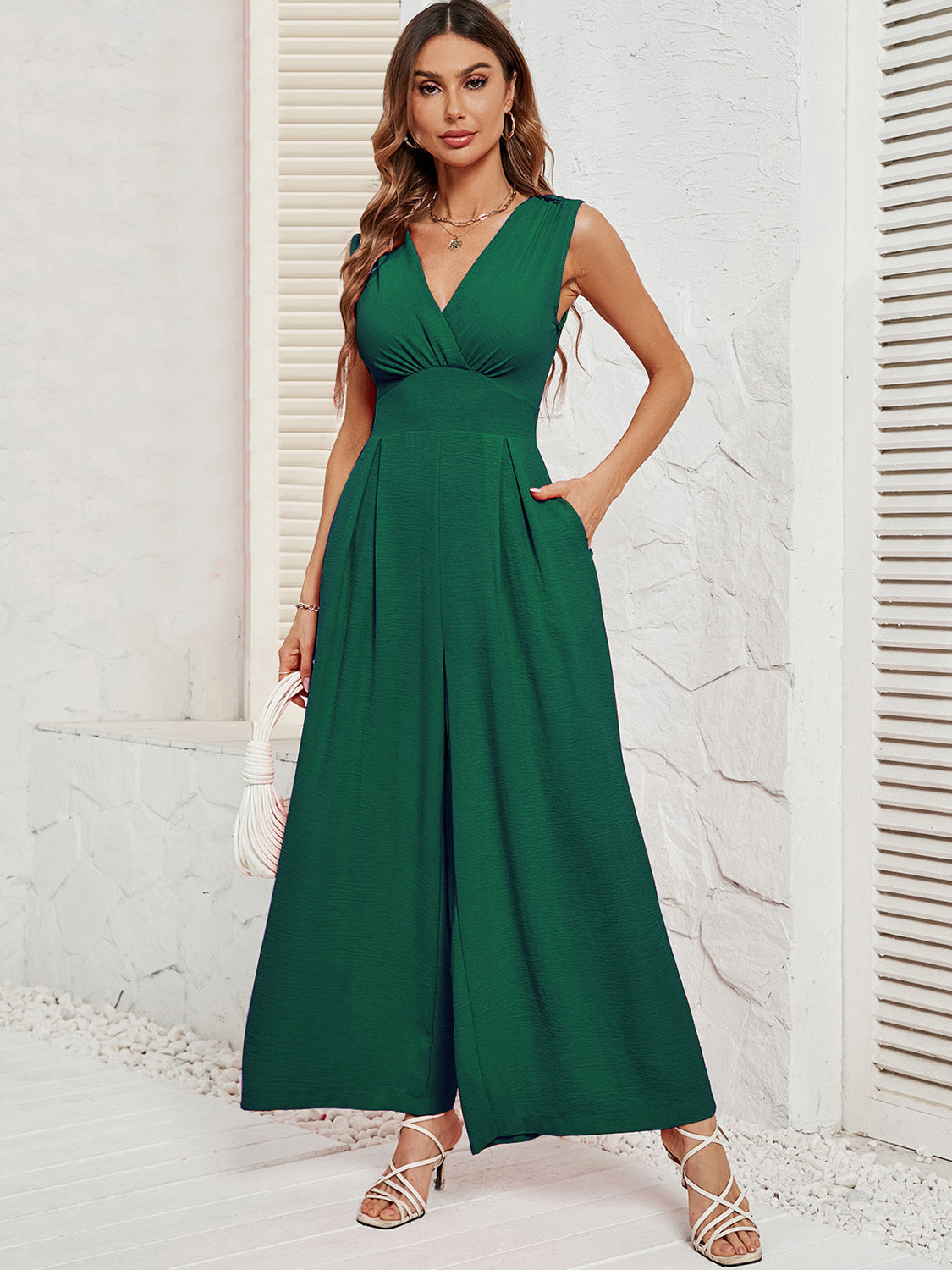 Surplice Wide Strap Jumpsuit with Pockets