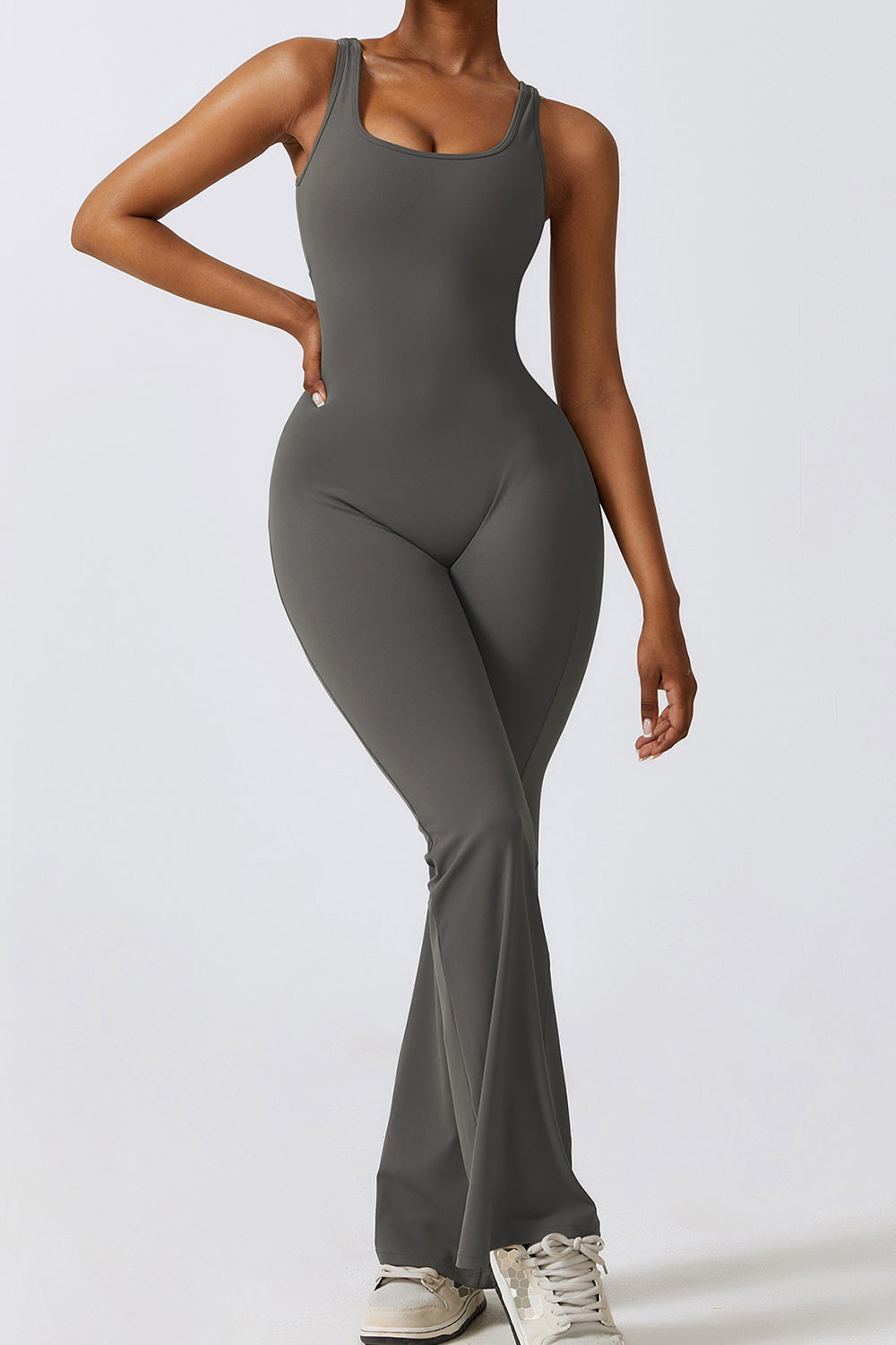 Basic Bae Cutout Ruched Bootcut Sleeveless Active Jumpsuit