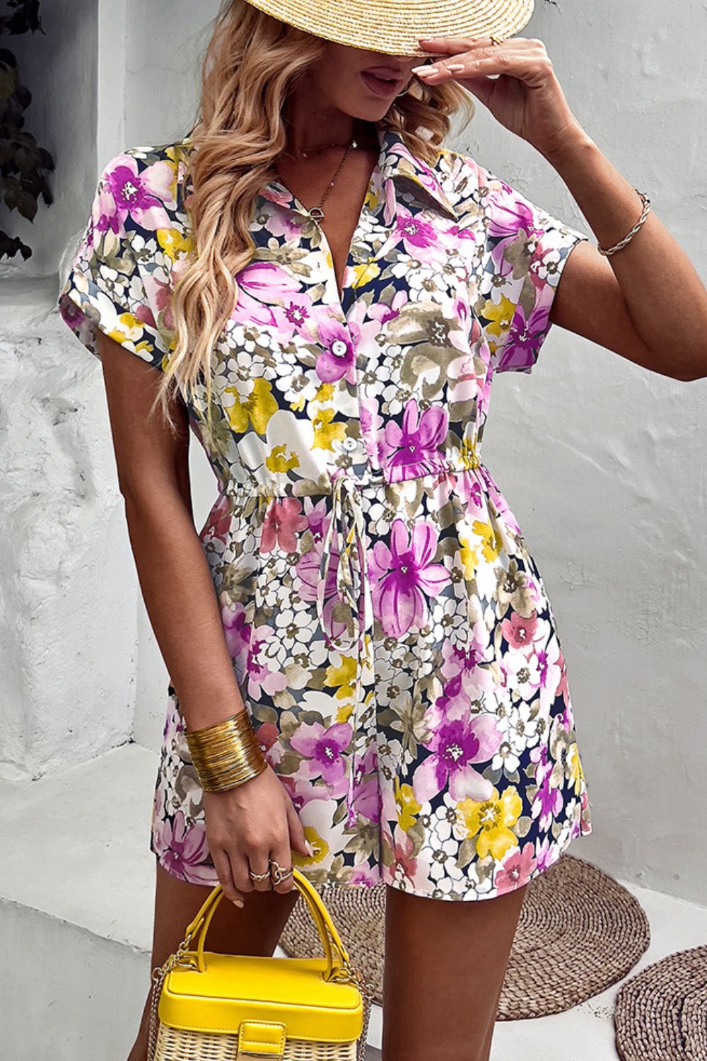 Floral Drawstring Lapel Collar Romper with Pockets