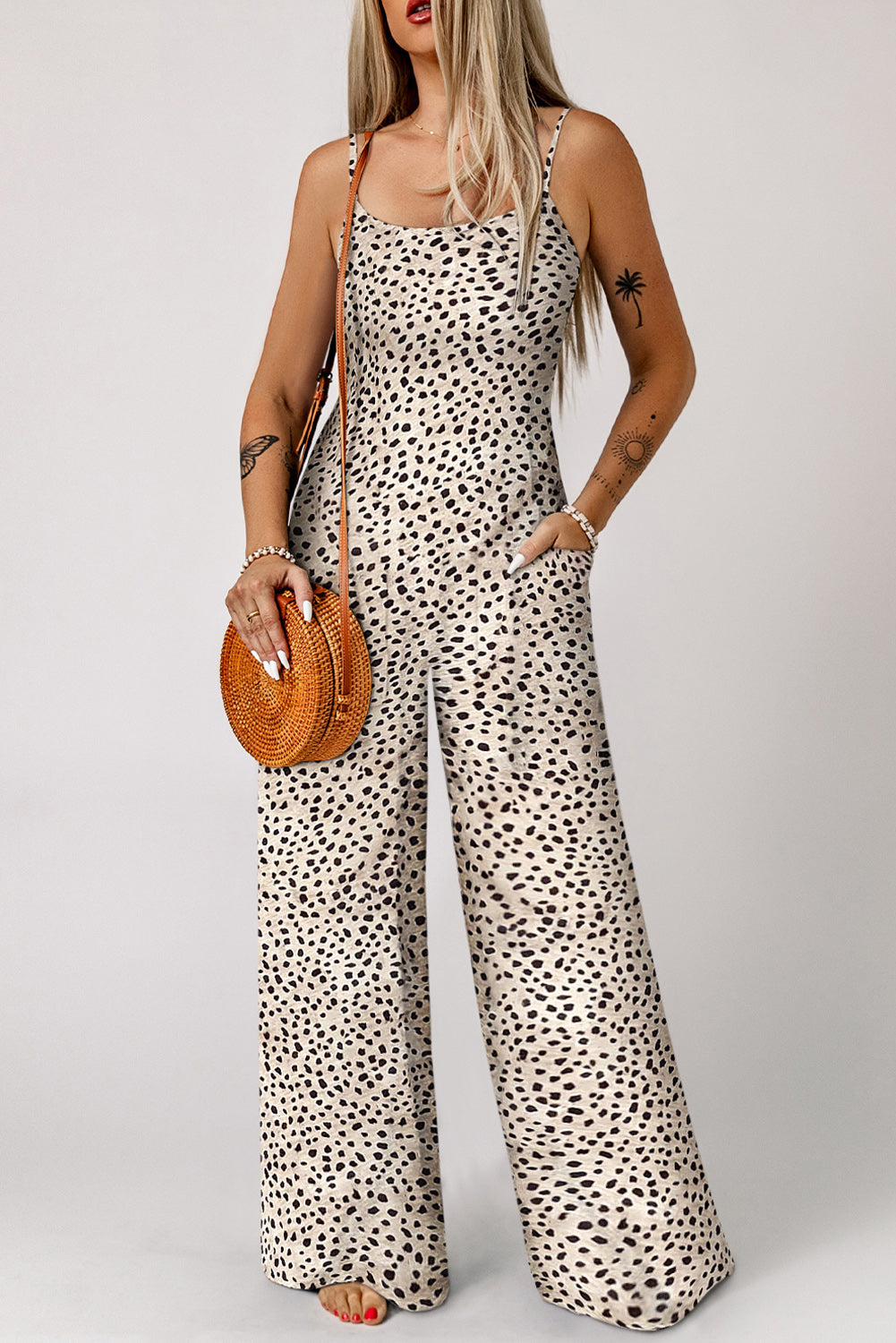 Printed Spaghetti Strap Jumpsuit with Pockets