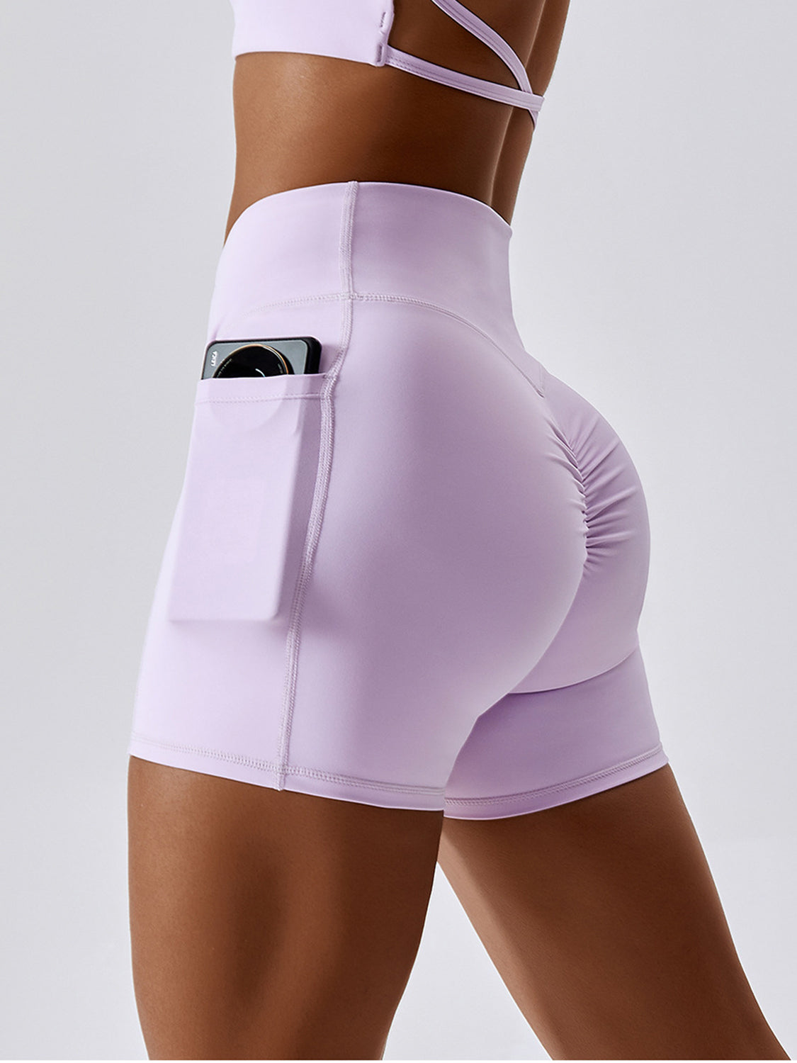 Ruched Pocketed High Waist Active Shorts