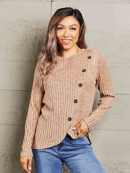 Ribbed Round Neck Buttoned Long Sleeve Tee