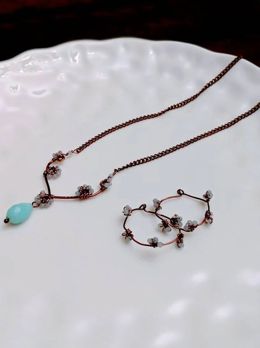 Angelite gemstone earrings and necklace copper wire wrapped jewelry