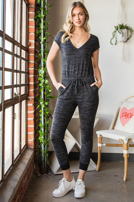 Heathered Drawstring Waist V-Neck Jumpsuit