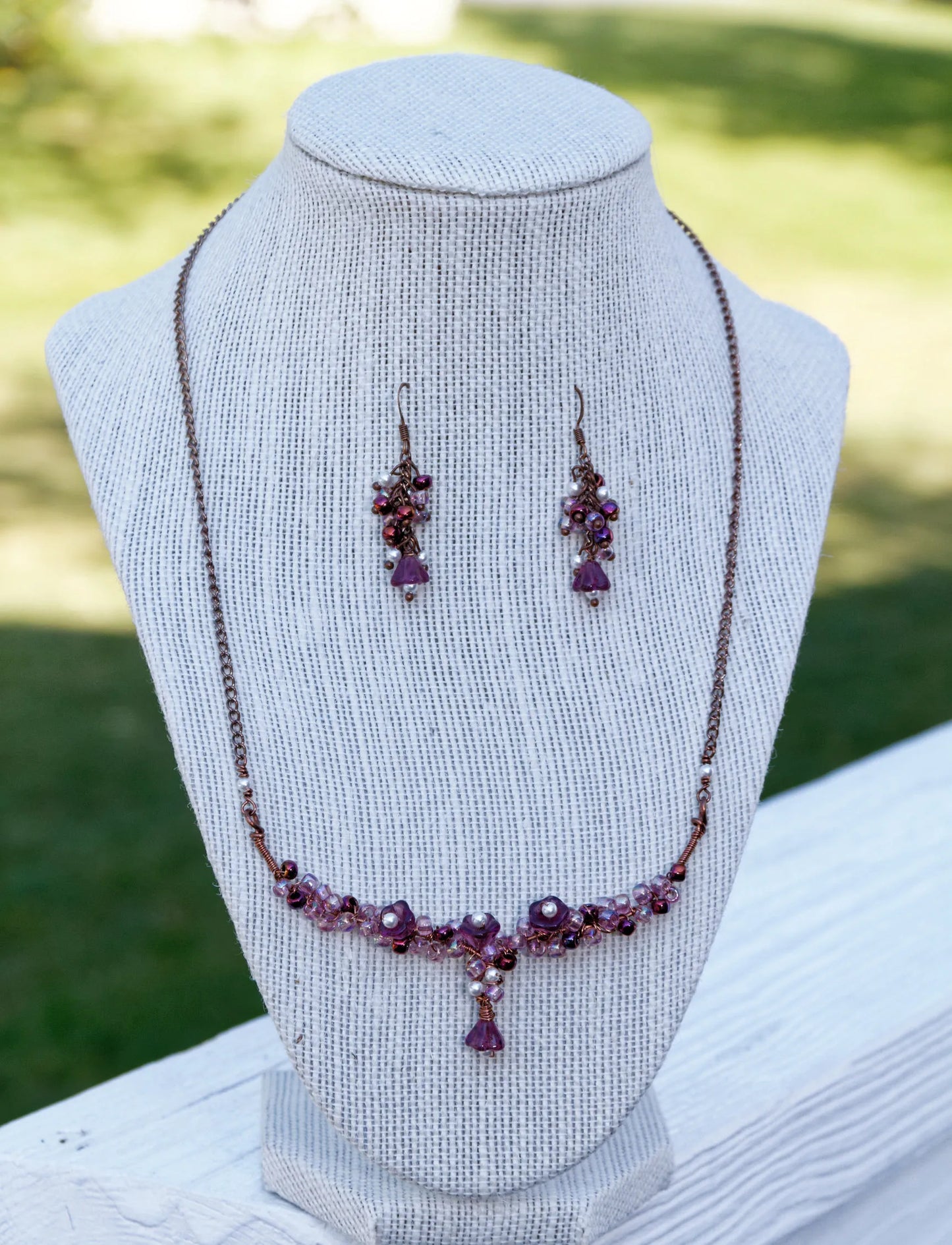 Czech glass | Swarovski Pearl Floral Necklace and Earring Set in Antique Copper