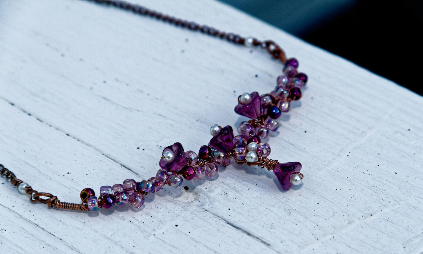 Czech glass | Swarovski Pearl Floral Necklace and Earring Set in Antique Copper