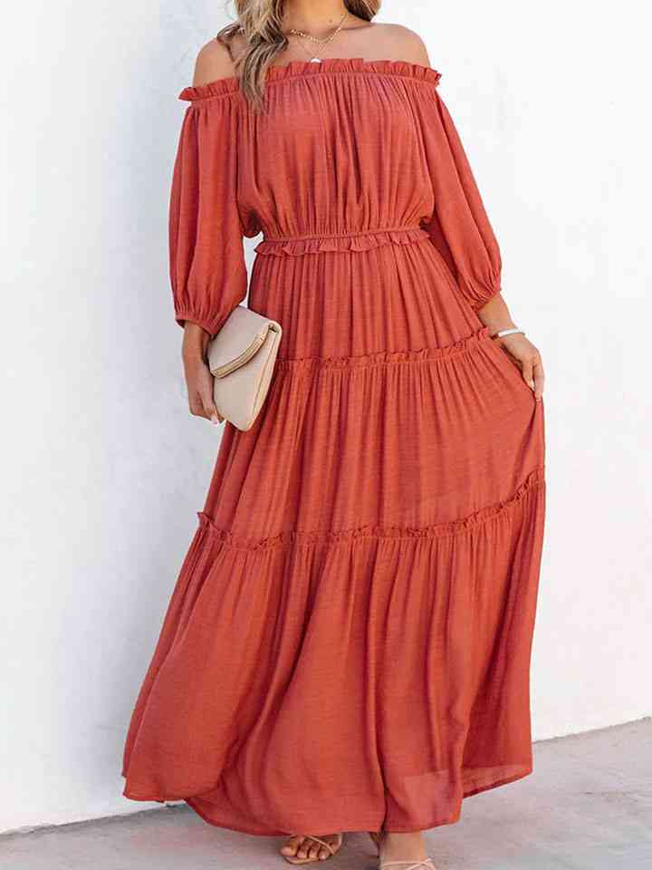 Ruffle Trim Off Shoulder Long Sleeve Maxi Dress