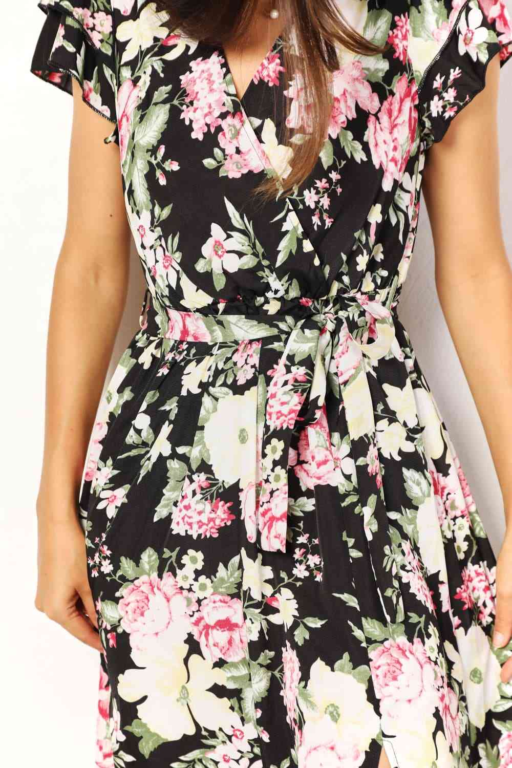 Double Take Floral Flutter Sleeve Tie-Waist Split Dress