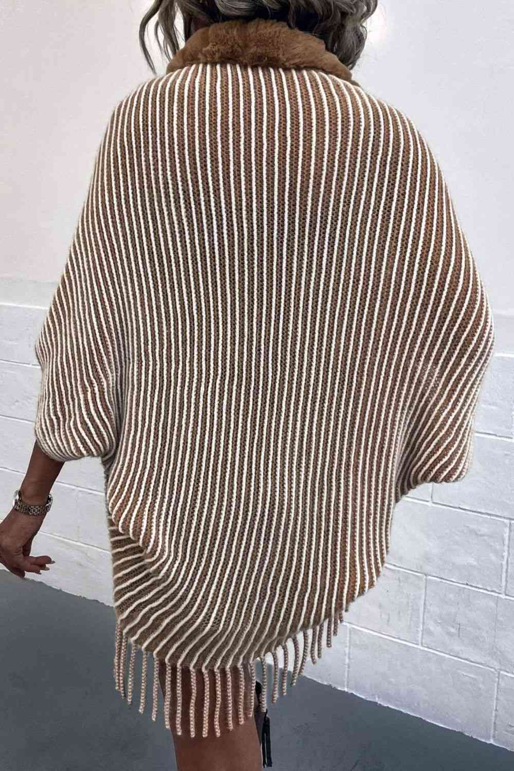 Striped Open Front Fringe Poncho