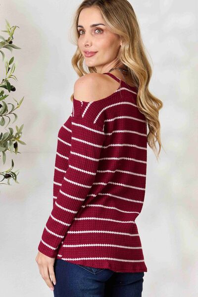 BiBi Striped Cold Shoulder Long Sleeve Knit Top