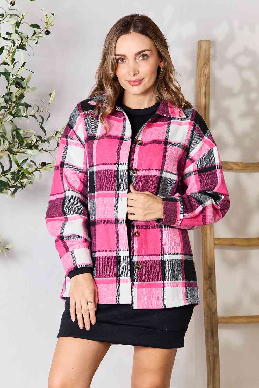 Double Take Plaid Button Up Collared Neck Jacket