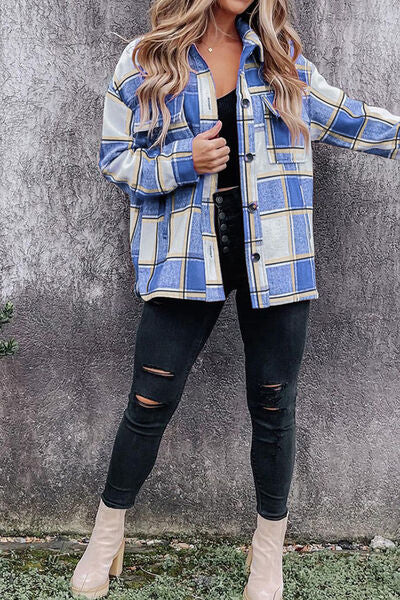 Plaid Pocketed Dropped Shoulder Coat