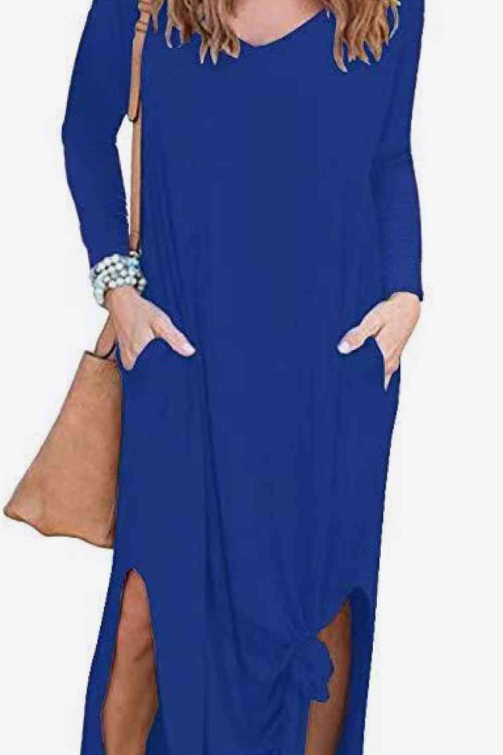 Split Long Sleeve V-Neck Maxi Dress