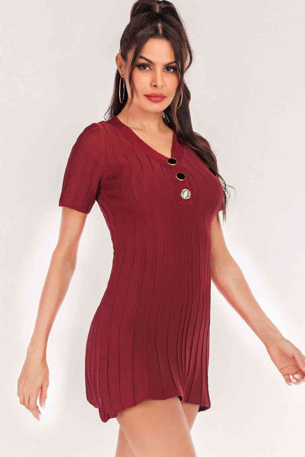 Buttoned Short Sleeve V-Neck Knit Dress