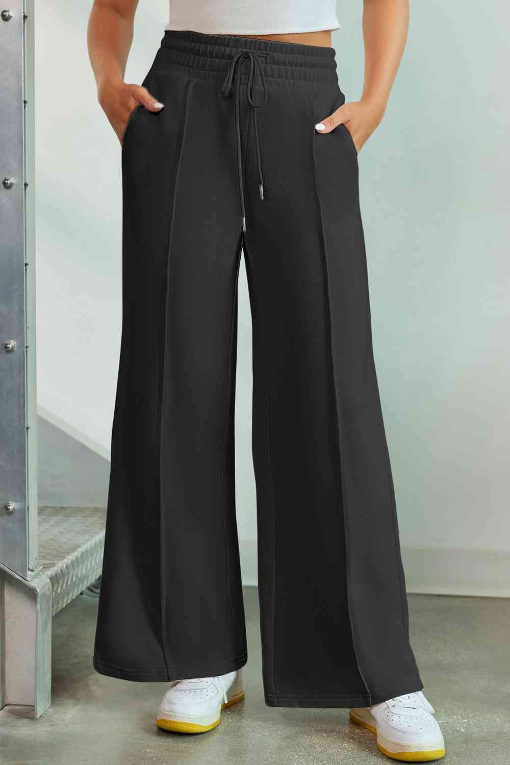 Drawstring Wide Leg Pants with Pockets