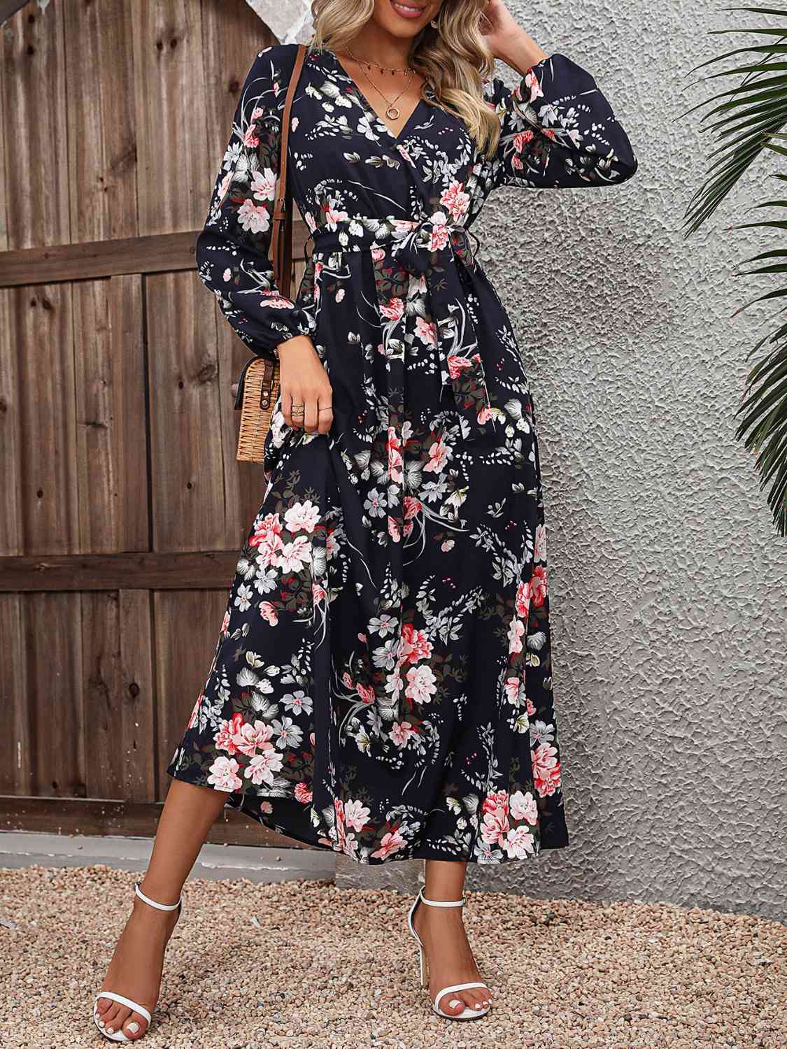 Floral Long Sleeve Surplice Neck Dress