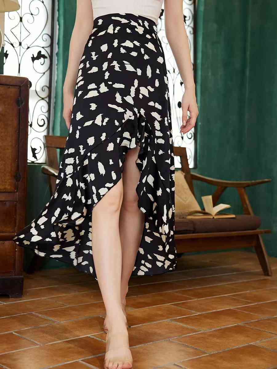 Printed Ruffled Front Slit Skirt