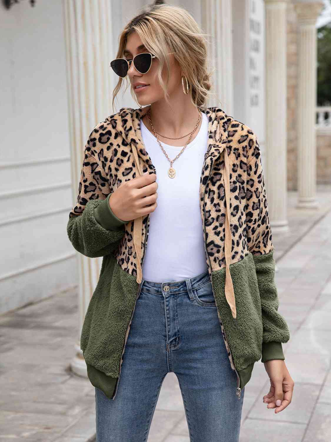 Leopard Drawstring Hooded Long Sleeve Outerwear