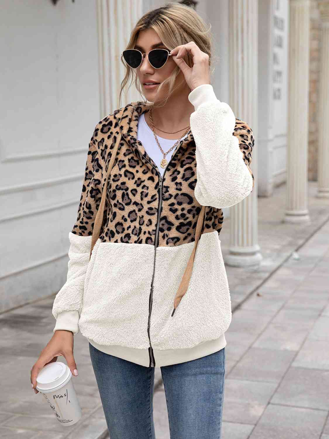 Leopard Drawstring Hooded Long Sleeve Outerwear