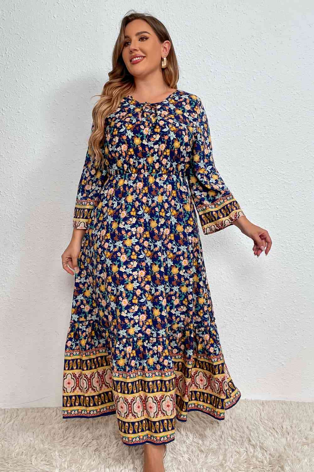 Melo Apparel Plus Size Bohemian Round Neck Maxi Dress