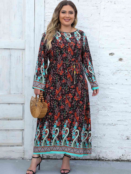 Plus Size Floral Tassel Round Neck Dress