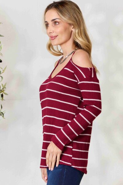 BiBi Striped Cold Shoulder Long Sleeve Knit Top