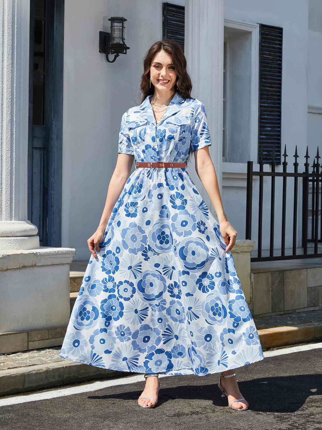 Floral Print Lapel Collar Short Sleeve Maxi Dress