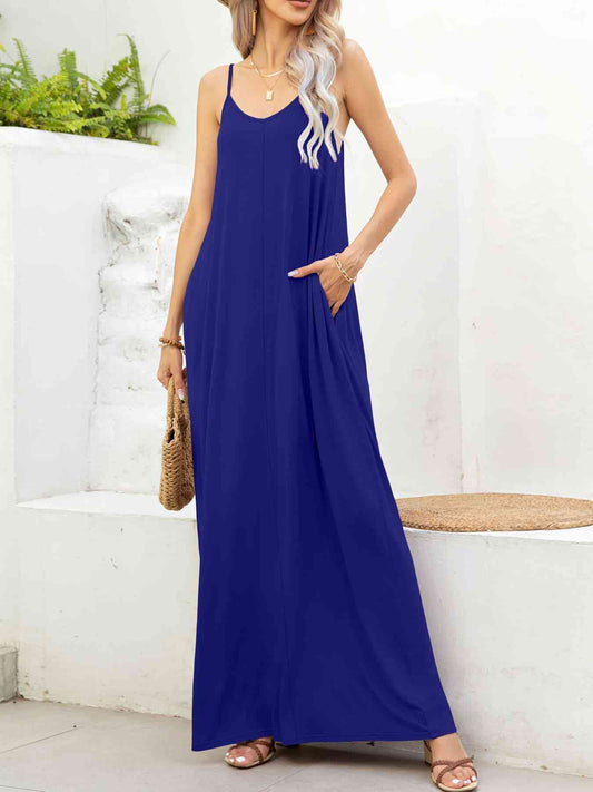 Spaghetti Strap V-Neck Maxi Dress with Pockets