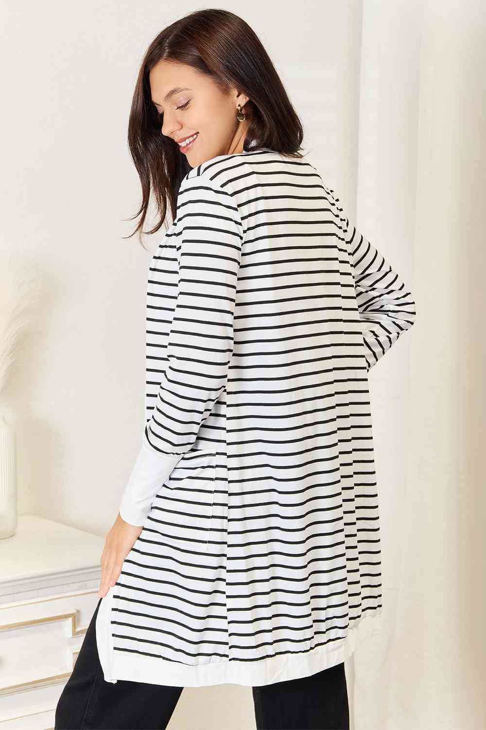 Double Take Striped Open Front Longline Cardigan