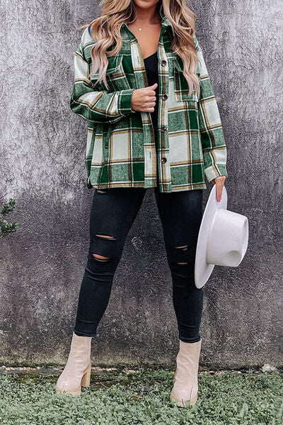 Plaid Pocketed Dropped Shoulder Coat