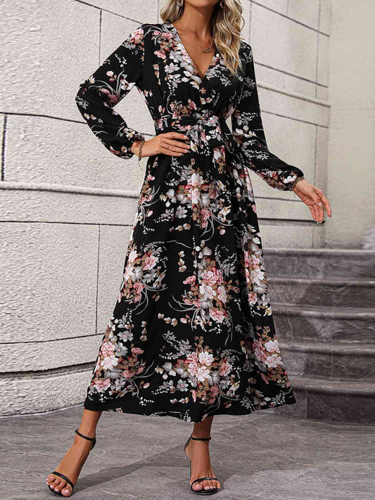 Floral Long Sleeve Surplice Neck Dress