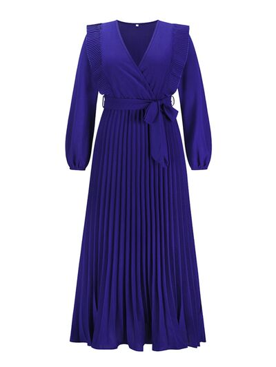 Pleated Surplice Tie Waist Maxi Dress