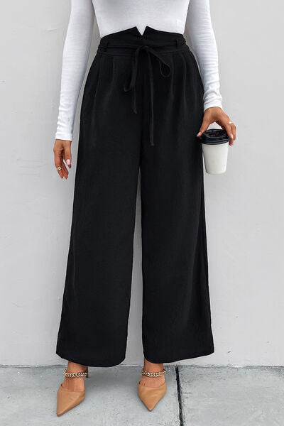 High Waist Ruched Tie Front Wide Leg Pants