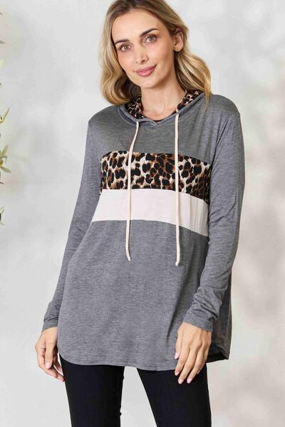 BiBi Leopard Color Block Drawstring Hoodie