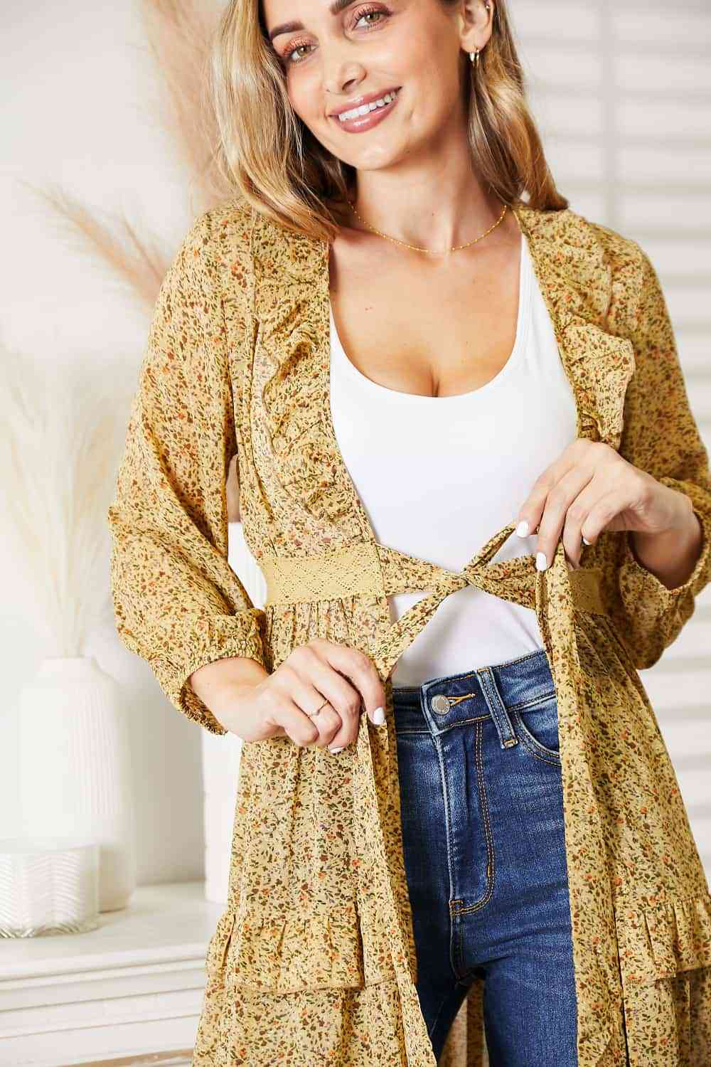 HEYSON Full Size Tie Front Ruffled Duster Cardigan