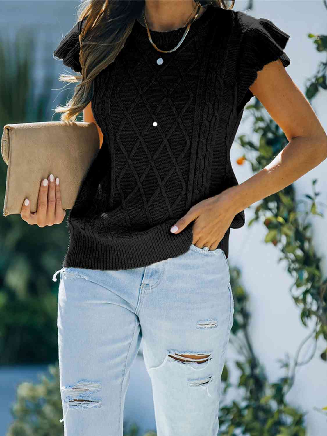 Round Neck Cap Sleeve Sweater