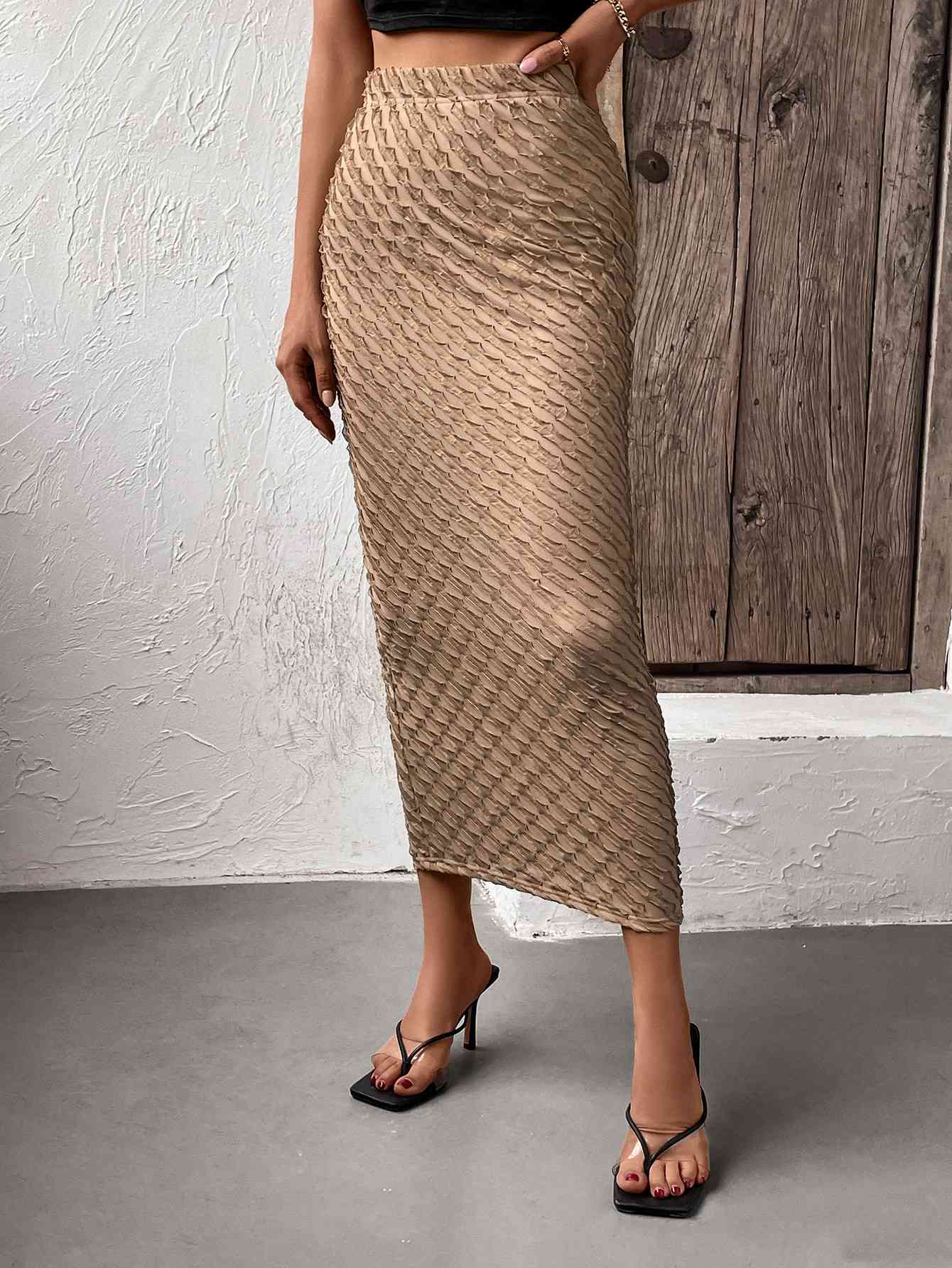 Textured High-Waist Midi Skirt