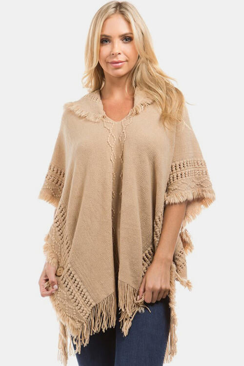 Fringed Crochet Buttoned Hooded Poncho