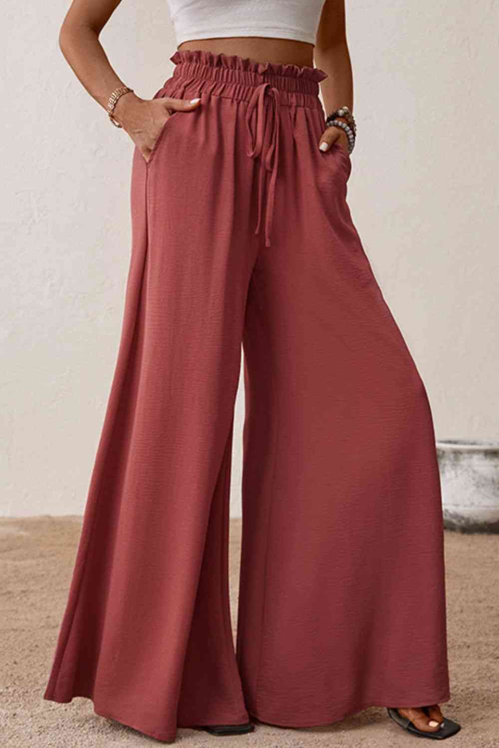 Smocked Paperbag Waist Wide Leg Pants