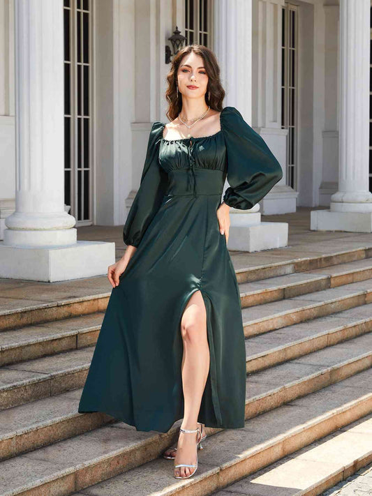 Square Neck Puff Sleeve High Slit Maxi Dress