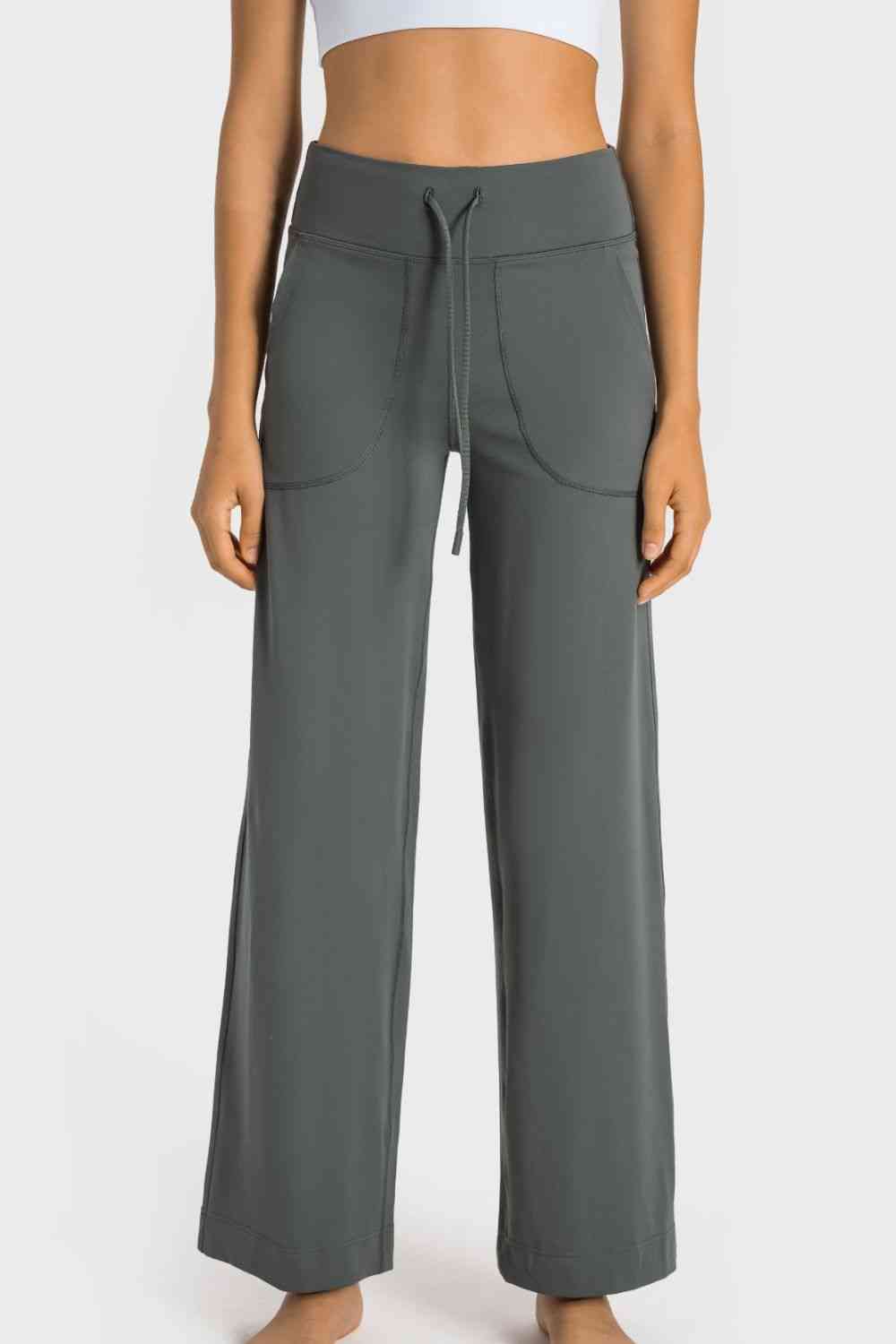 Drawstring Waist Wide Leg Sports Pants with Pockets