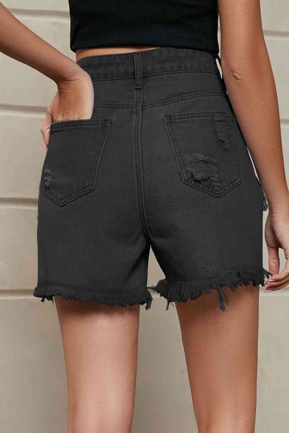 Fringe Trim Distressed Denim Shorts with Pockets