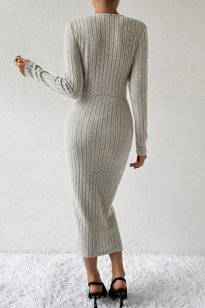 Ribbed Surplice Long Sleeve Midi Dress