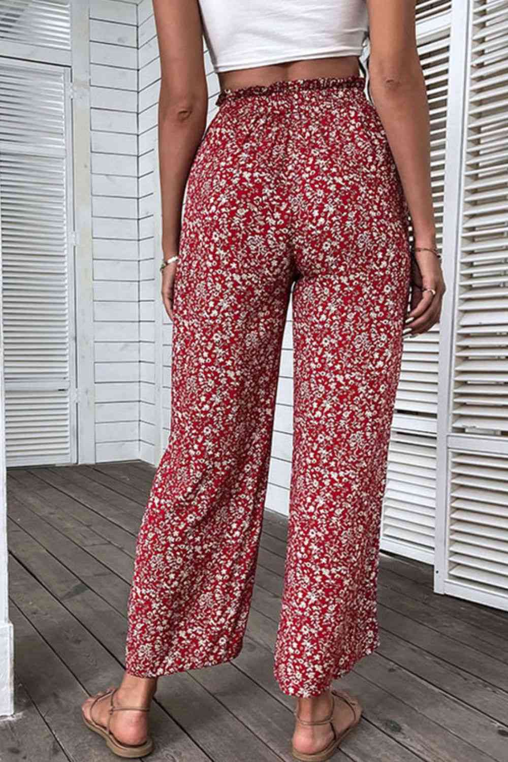 Ditsy Floral Slit Paperbag Waist Wide Leg Pants