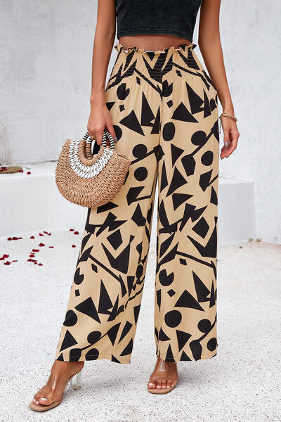 Smocked Printed Wide Leg Pants with Pockets