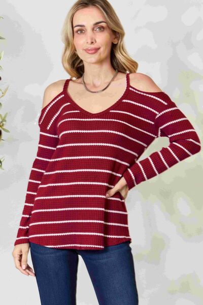 BiBi Striped Cold Shoulder Long Sleeve Knit Top