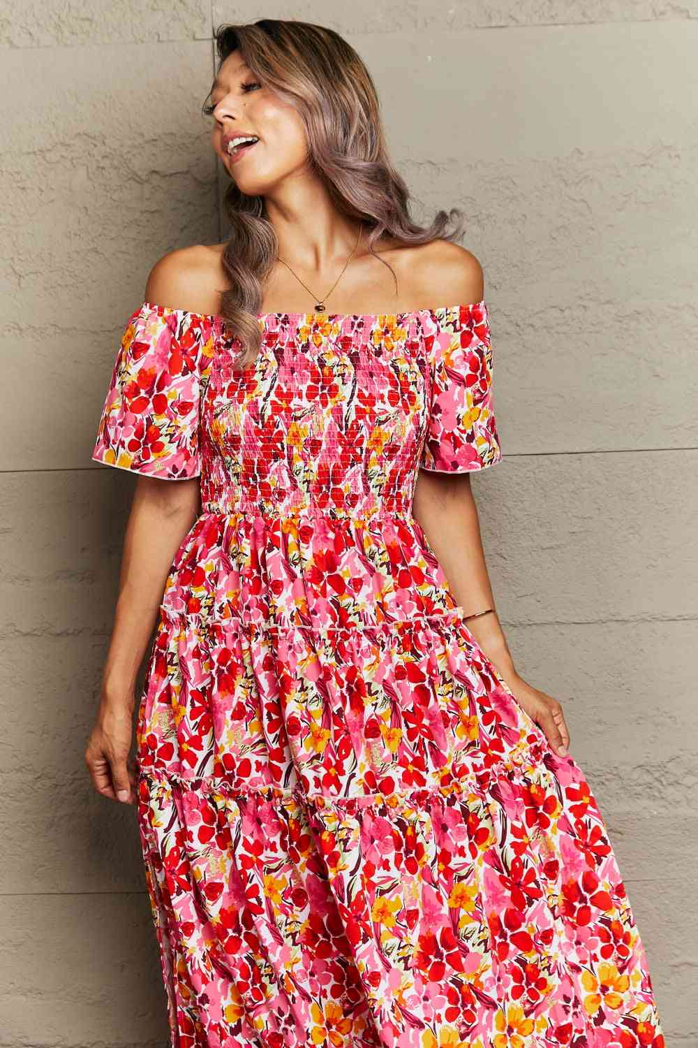 Floral Off-Shoulder Frill Trim Maxi Dress