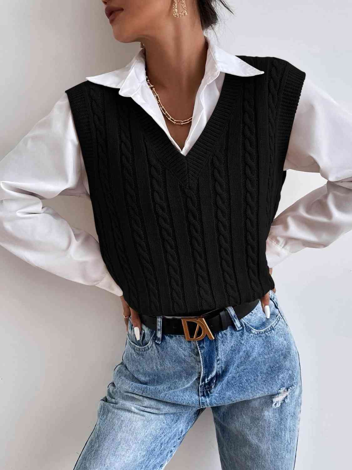 Cable-Knit V-Neck Sleeveless Sweater Vest